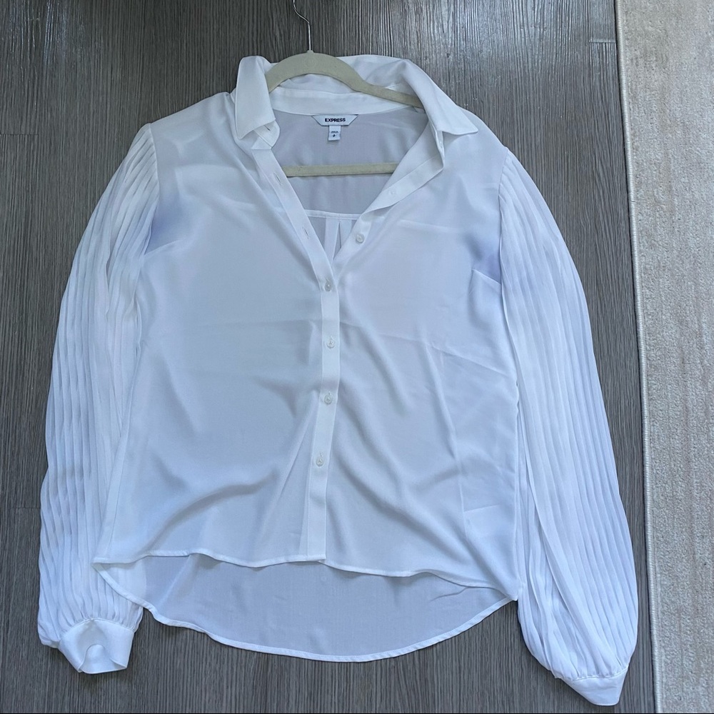 White sheer button down pleated sleeve blouse